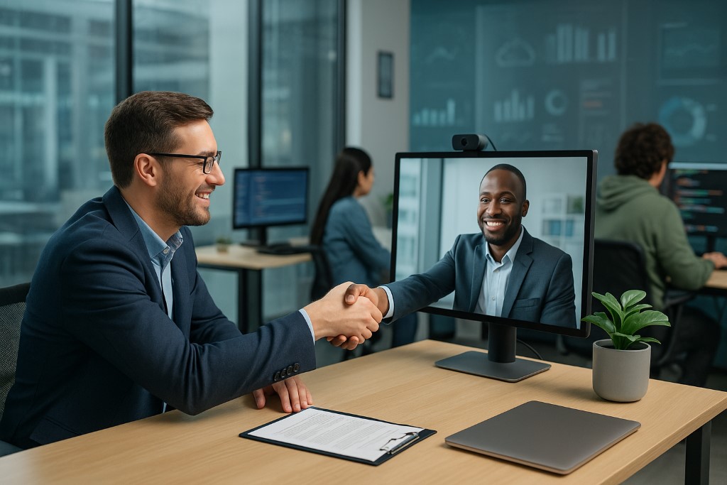 A man in a suit shaking hands with a man on a computer screen showing outsourcing technical interviews.