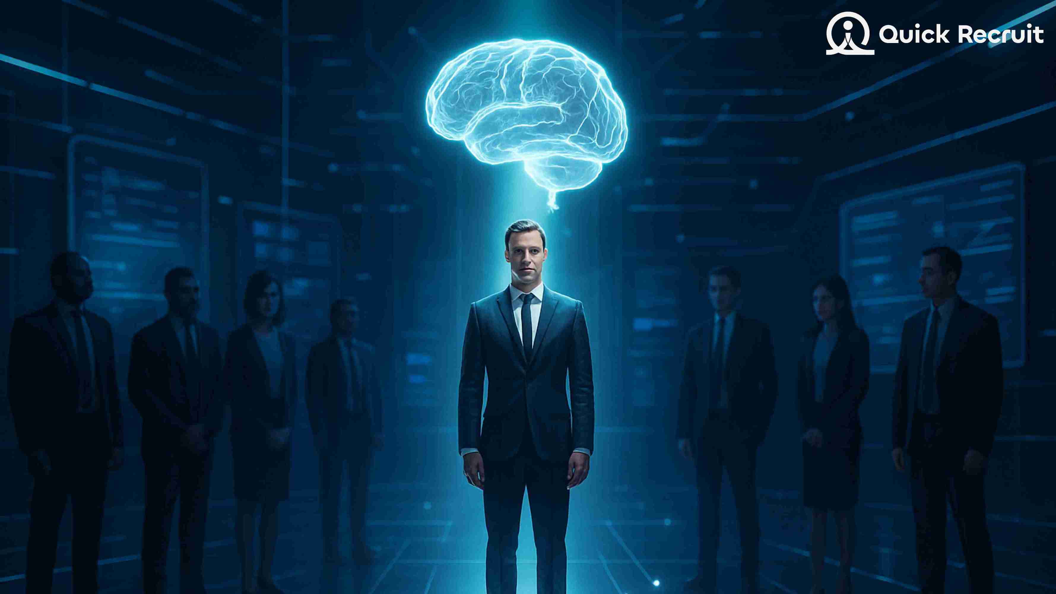 Business professional under glowing AI brain hologram, symbolizing smart hiring and artificial intelligence in recruitment by QuickRecruit