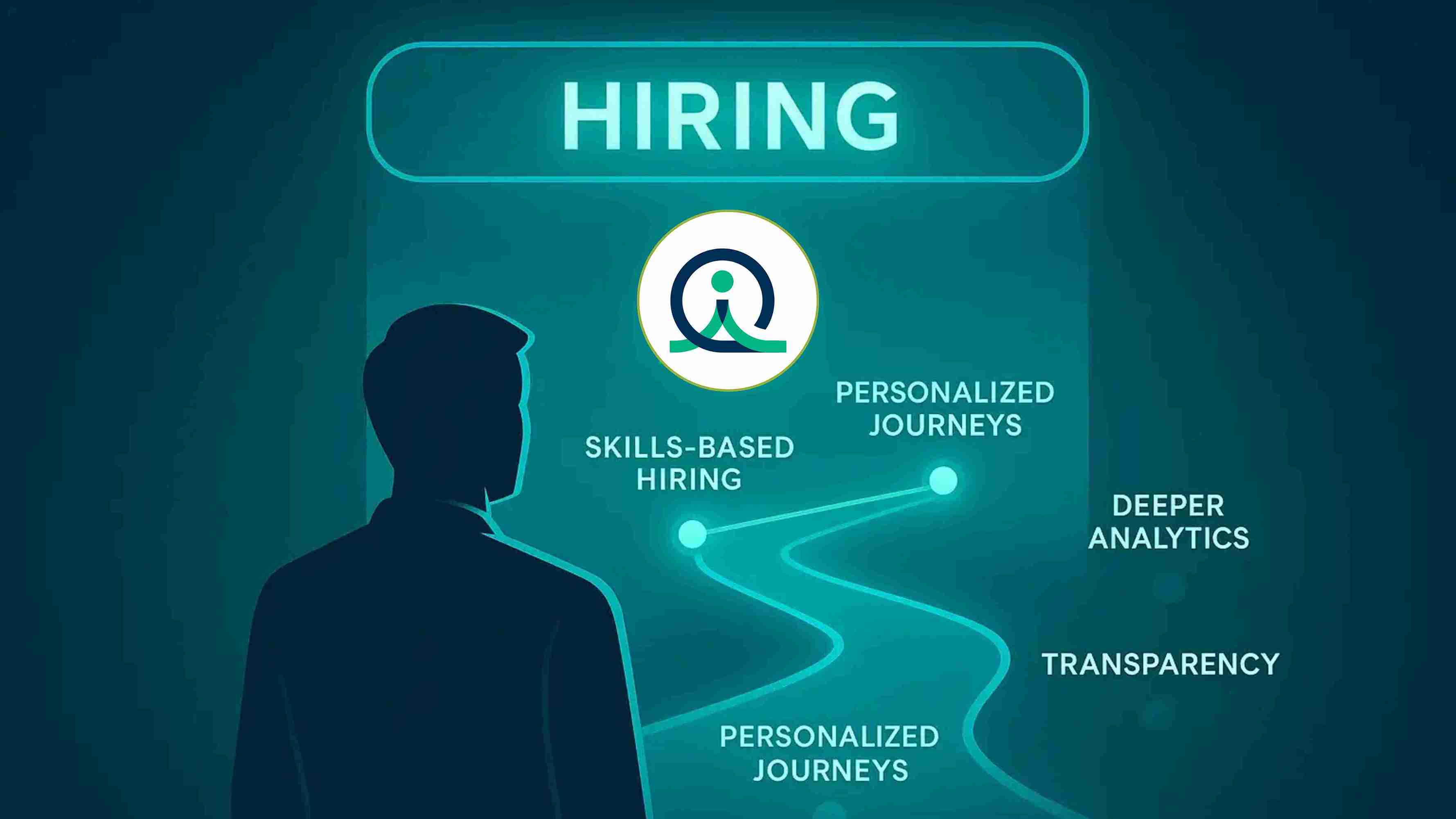 Man looking ahead at a pathway with hiring on top, symbolizing the future of recruitment with AI, automation, and applicant tracking by QuickRecruit