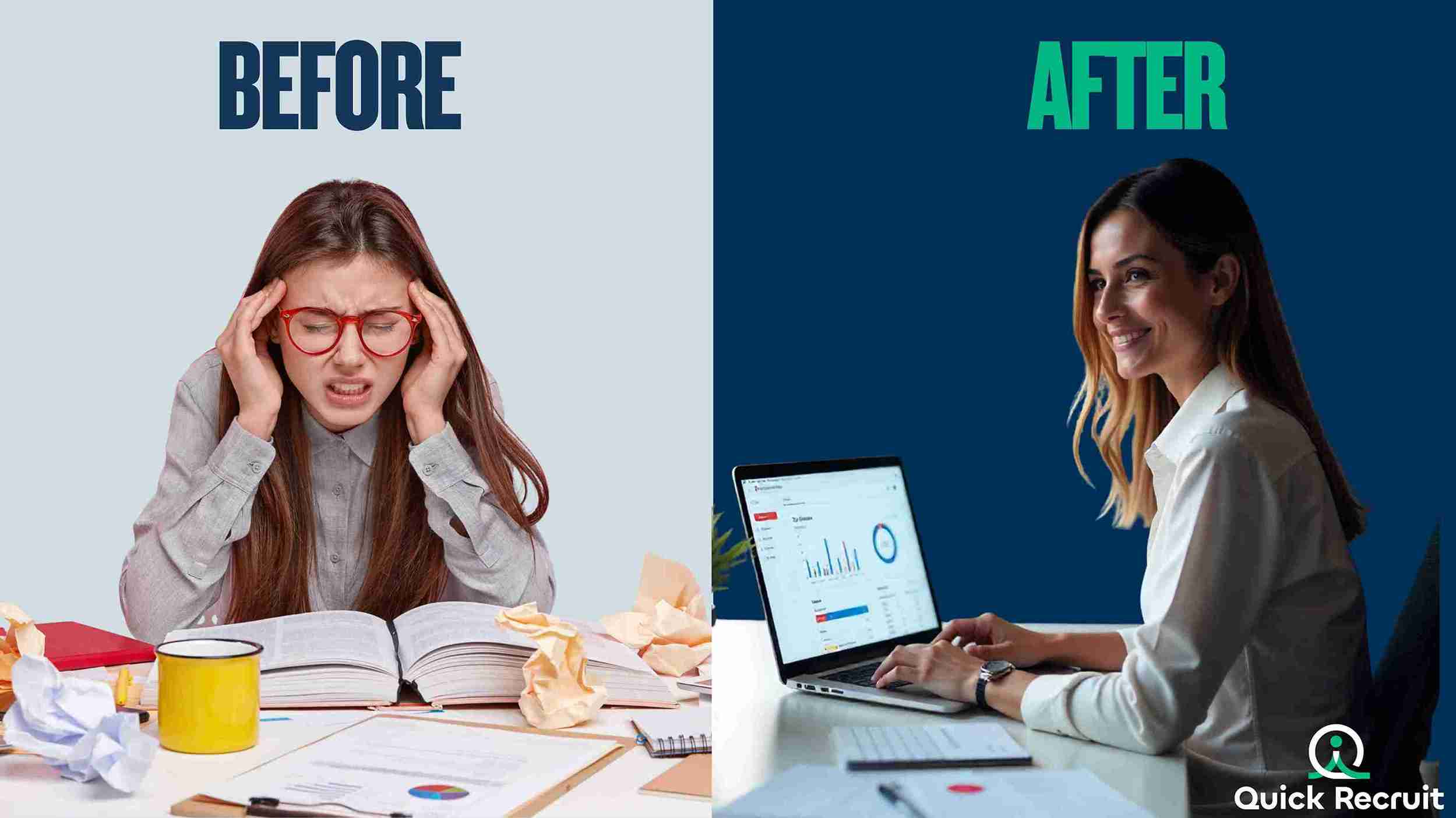 Comparison of outdated manual recruitment tools before versus AI-powered applicant tracking system after with QuickRecruit