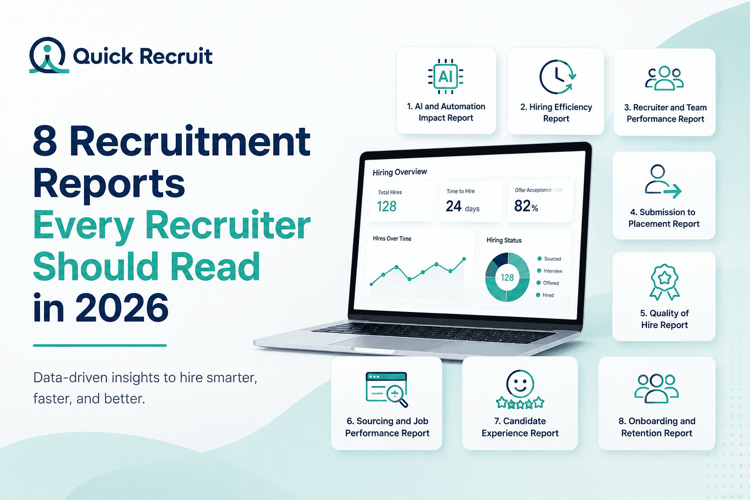 Top 8 recruitment reports every recruiter needs to track in 2026 including AI automation, hiring efficiency, sourcing, candidate experience, and retention reports